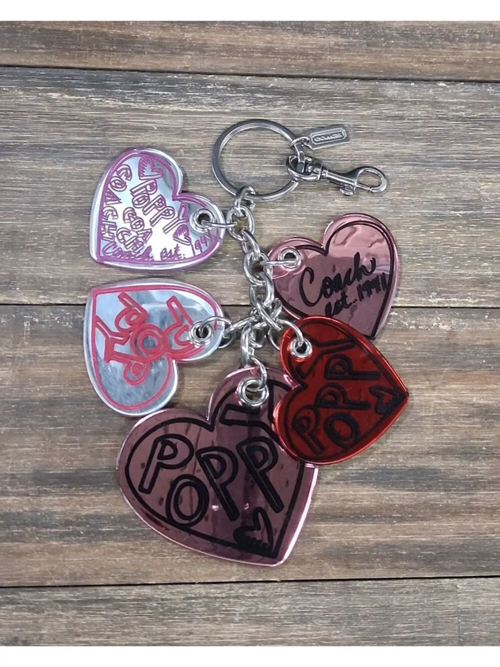 Coach Poppy Keychain Bag Tag Charm Heart Pink Red Outline Logo Mirrored - Picture 1 of 13